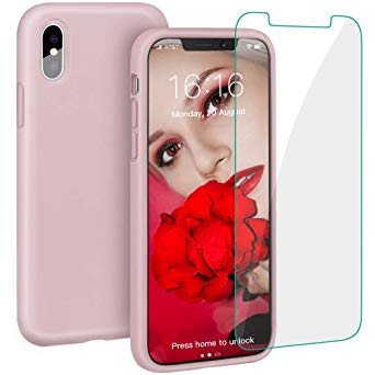 Case for iPhone XS Max, ProBien Liquid Silicone Full Protective Cover with Tempered Screen Protector Shockproof Durable Shell Compatible with 6.5 Inch 2018 Released-Sand Pink