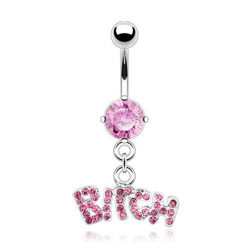 Bitch Pink Gem Belly Ring 316L Surgical Steel Dangle Navel Ring
