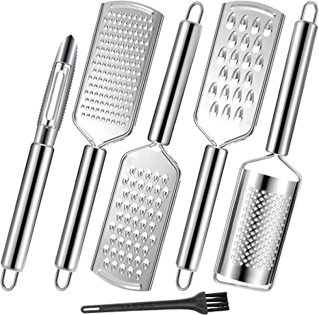 6 Pieces Handheld Cheese Grater Set, Stainless Steel Cheese Zester, Kitchen Vegetable Peeler and Black Cleaning Brush for Cheese, Lemon, Ginger, Garlic, Chocolate, Vegetables, Fruits