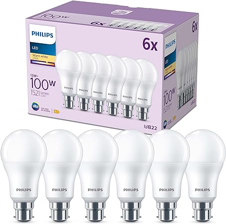 PHILIPS LED Frosted A60 Light Bulb 6 Pack [Warm White 2700K - B22 Bayonet Cap] 100W, Non Dimmable. for Home Indoor Lighting