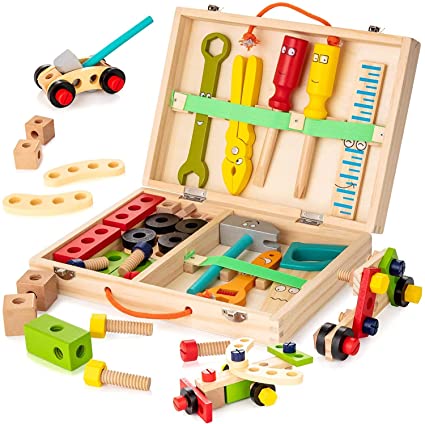 NEXKIT Toy Construction Tools,Wooden Tool Box with Pretend Play Tools,Building Toy Set Educational Construction Toy for Kids