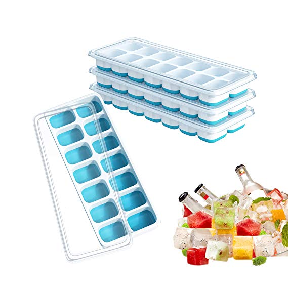 Ice Cube Trays, Ouddy 4 Pack Silicone Ice Cube Tray with Lid, Ice Cube Molds, Easy-Release 14-Ice Trays Can Make 56 Ice Cubes, BPA Free Nontoxic and Safe, Stackable Durable