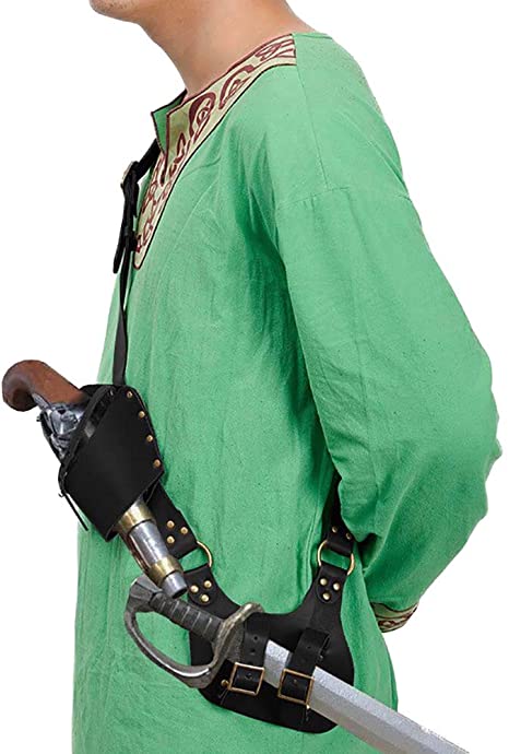Wraith of East Faux Leather Sword Strap Gun Flintlock Pistol Double Holste Steampunk Knights Medieval LARP Costume Pirate Cosplay Adjustable Baldric