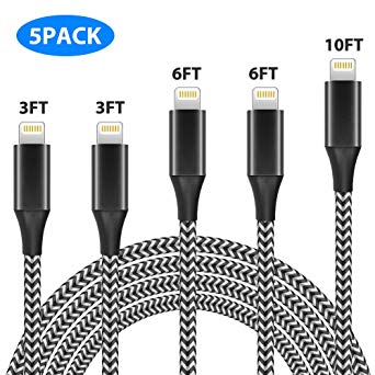 Vasea Phone Charger Cable, 5 Pack (3FT 3FT 6FT 6FT 10FT) Nylon Braided USB Charger Cord Fast Charging Cable Compatible with Phone X 8 8 Plus 7 7 Plus 6s 6s Plus Pad and More(Black)