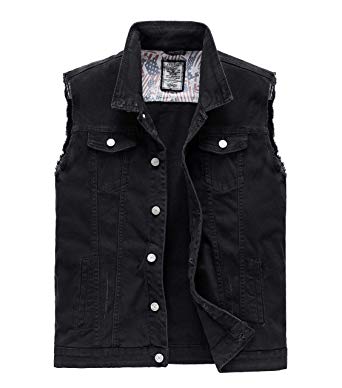 RongYue Men's Casual Button-Down Denim Vest Sleeveless Jacket with Broken Holes