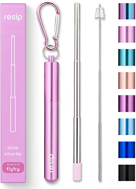 Flyby Portable Reusable Drinking Straws | Collapsible & Foldable Telescopic Stainless Steel Metal Straw Dispenser | Final Aluminum Case, Long Cleaning Brush, Silicone Tip | Pink