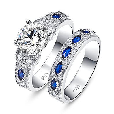 JQUEEN 3.5ct Round Cubic Zirconia Marquise Created Blue Sapphire 925 Sterling Silver Engagement Ring Set
