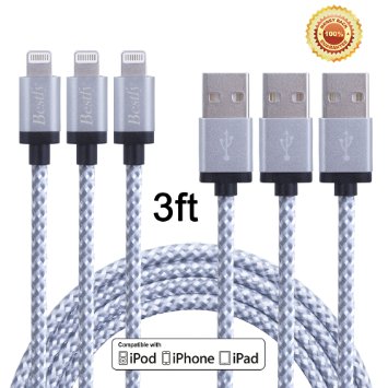 BestfyTM 3Pack 3FT Nylon Braided 8pin to USB Sync Data and Charging Cable Cord with Alumnium Heads for iPhone 66 Plus6s6s Plus iPhone 5 5c 5s iPad 4 Mini Air iPod Nano 7 iPod Touch 5 white