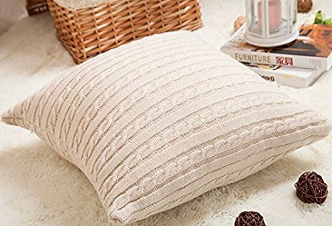 iSunShine Cotton Knitted Decorative Cushion Cover(18x18")   Pillow(20x20") Cable Knitting Patterns Super Soft Square Warm Pillow Covers, 20 by 20 Inch Pillow Inner   Cover, Beige, Cover   Pillow