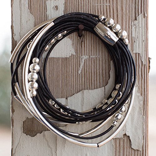 Black Natural Leather Wrap Bracelet Size 6.5 Leather With Silver Plated Beads And Magnetic Clasp For Woman