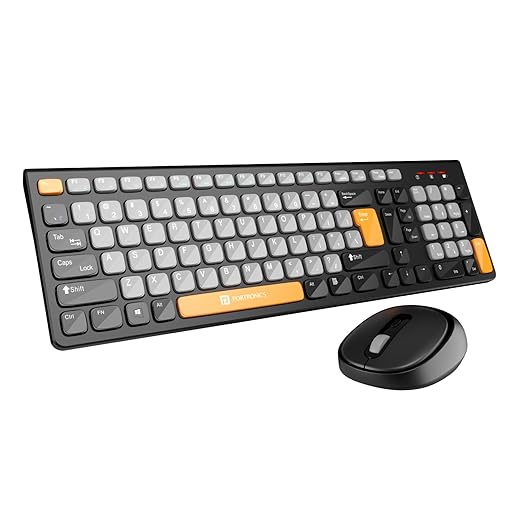 Portronics Key7 Combo Wireless Keyboard & Mouse Set with 2.4 GHz USB Receiver, 10m Working Range, 12 Shortcut Keys, Adjustable DPI, 10 Million Key Life & Click Life for PC, Laptop, Mac (Grey Orange)