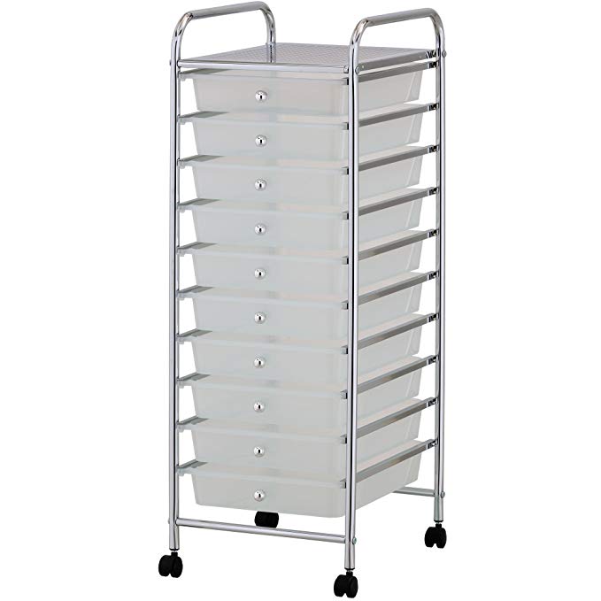 VonHaus 10 Drawer Storage Trolley | For Home Office Stationery and Organisation or Salon, Make-up, Hairdressing & Beauty Accessories | Mobile Design with 4 Tier Shelving and Castor Wheels | White