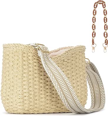 Herald Small Handmade Straw Pocketbook Crossbody Bag for Women, Summer Chic Woven Handbag Shoulder Purse with Chain