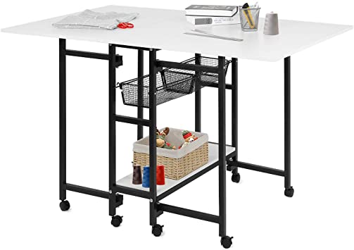 HOMFY Foldable Cutting Table Adjustable Home Hobby Table with Storage for Adult Lockable Wheels