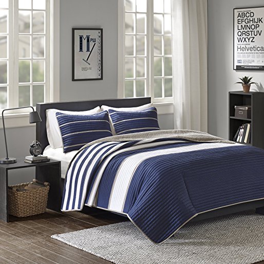 Comfort Spaces - Verone Mini Quilt Coverlet Set - 2 Piece - Navy, White, Khaki - Stripes Pattern - Twin / Twin XL size, includes 1 Quilt, 1 Sham