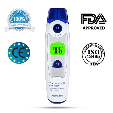 FDA and CE ApprovedMorpilot Digital Thermometer read from Forehead and Eardrum Dual Mode with no physical contact infrared method for Adult and Child Medical Quality Fast 1 second Instant fever detection and Accurate measurement 20 Memory Recall Safe and HygienicBlue