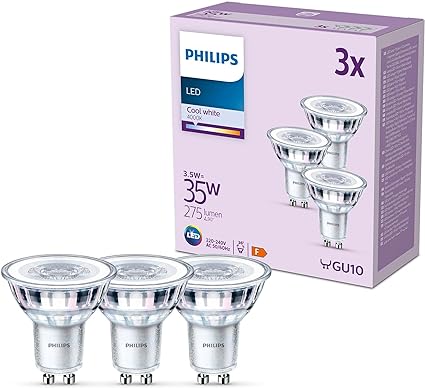 PHILIPS LED Classic Spot Light Bulb 3 Pack [Cool White 4000K - GU10] 35W, Non Dimmable. for Home Indoor Lighting