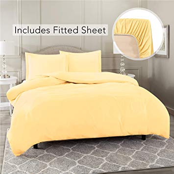 Nestl Bedding Duvet Cover with Fitted Sheet 4 Piece Set - Soft Double Brushed Microfiber Hotel Collection - Comforter Cover with Button Closure, Fitted Sheet, 2 Pillow Shams, King - Vanilla Yellow