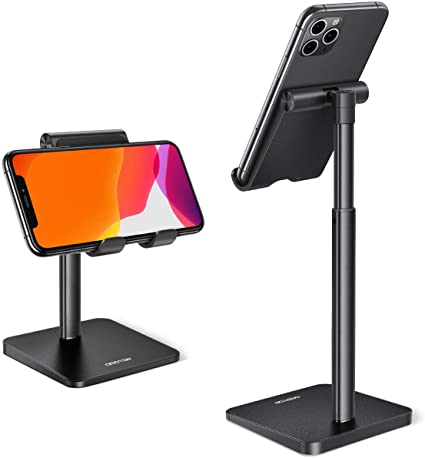 OMOTON Cell Phone Stand, Adjustable Angle Height Desk Phone Dock Holder for iPhone SE 2/11 / 11 Pro/XS Max/XR, Samsung Galaxy S20 / S10 / S9 / S8 and Other Phones (3.5-7.0-Inch), Black