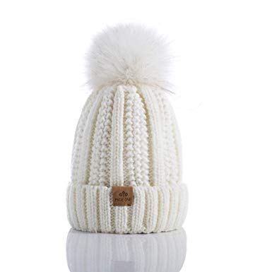 PAGE ONE Womens Winter Thick Cable Knit Beanie Faux Fur Pom Hat Fleece Lined Skull Cap