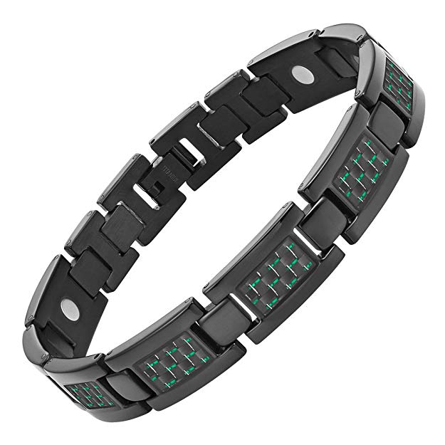 Willis Judd Mens Black Titanium Magnetic Bracelet With Green Carbon Fiber Insets with Link Removal Tool