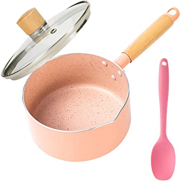 HONCOOK Nonstick Saucepan 1.7-Quart Pot with Glass Lid Solid Wood Handle, Small Pot with 1 Silicone Spoon, Stainless Steel, Pink