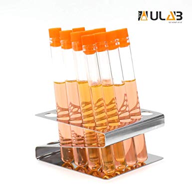 ULAB Scientific Test Tube with Tube Rack, Z Shape Stainless Steel Tube Rack, Suitable for Tubes of Dia.≤16mm, 10pcs of 16ml Cylindrical Glass Test Tubes with Flange stoppers, UTR1002