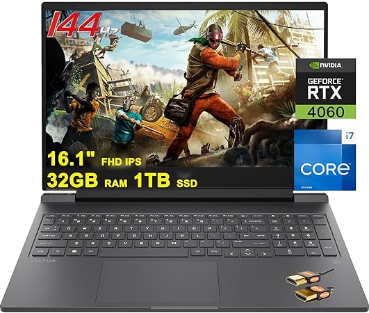 HP Victus Gaming Laptop 16.1" FHD IPS 144Hz Anti-Glare 13th Gen Intel 16-Core i7-13700HX (Beat i9-12900HX) 32GB RAM 1TB SSD GeForce RTX 4060 8GB Backlit USB-C B&O Fast Charge Win11 Black   HDMI Cable