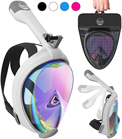 Aleoron - Foldable Full Face Snorkel Mask for Adults and Youth (Women & Men) - Anti Fog Full Face Snorkeling Mask with Action Camera Mount - Dive Mask UV Panoramic 180 Seaview Diving Mask Set
