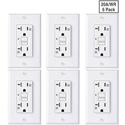 [6 Pack] BESTTEN Slim WR GFCI Outlet, 20-Amp 125-Volt, Outdoor-Weather-Resistant, Self-Test GFI Tamper-Resistant (TR) Receptacle with LED Indicator, Decorator Wall Plate Included, UL Listed, White