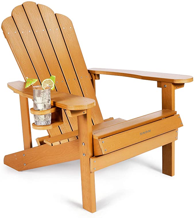 Adirondack Chair, SNAN Fade-Resistant Patio Lounge Chair with Cup Holder, Poly Lumber, Weatherproof, with 350lbs Duty Rating, All-Weather Outdoor Chair (Teak Color)