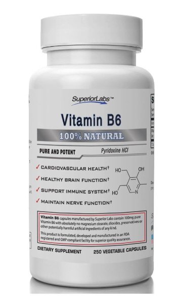 #1 Vitamin B6 - Powerful 100mg, 250 Vegetable Capsules - Formulated and Manufactured in USA - 100% Money Back Guarantee