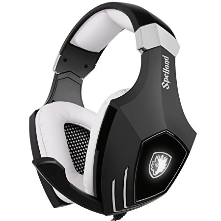 USB Gaming Headset-SADES A60/OMG Computer Over Ear Stereo Heaphones with Microphone Noise Isolating Volume Control LED Light (Black White) for PC & MAC