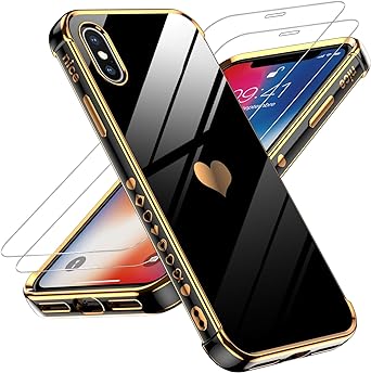 LeYi for iPhone X Case iPhone Xs Case: with Tempered Glass Screen Protector [2 Pack]   Full Camera Lens Protection,Love Heart Plating Women Cute Luxury Soft TPU Shockproof for iPhone X/XS Case, Black