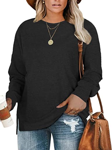 DOLNINE Plus-Size Sweatshirts for Women Casual Tops Side Slit Pullovers Shirts