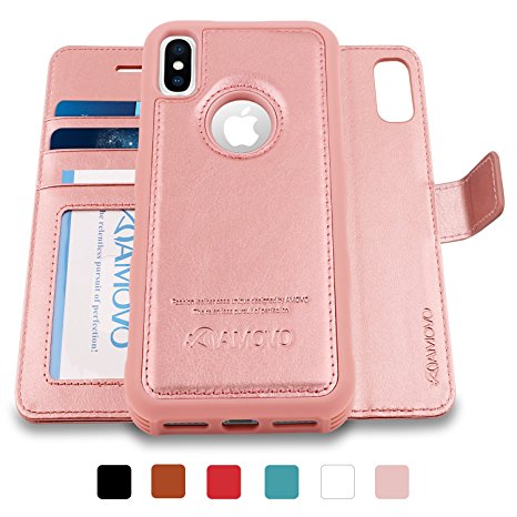 AMOVO iPhone X Case [2 in 1], iPhone X Wallet Case [Detachable Folio] iPhone X Leather Case [Premium Vegan Leather] Flip Case Cover for iPhone X with Gift Box Package (RoseGold)