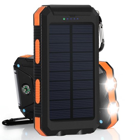 FKANT 10000mAh Portable Solar Charger Dual USB Power Bank Cellphone Charger with 2LED Flashlight and Compass and Carabiner for iPhone iPad Samsung and More