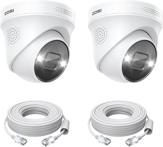 ZOSI 2PK 4K 8MP Security PoE IP Camera with Ethernet Cables,Person/Vehicle Detection,Night Vision,Sound & Light Alarm,2-Way Audio,Weatherproof Outdoor Dome Camera Only Compatible with ZOSI 4K POE NVR