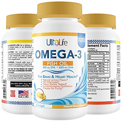 UltaLife BEST Omega 3 Essential Fatty Acids Fish Oil   Highly Refined Maximum Strength Supplement   Natural Lemon Flavor NO Aftertaste or Burping   Softgels For Men & Woman   They're Great For Dogs!