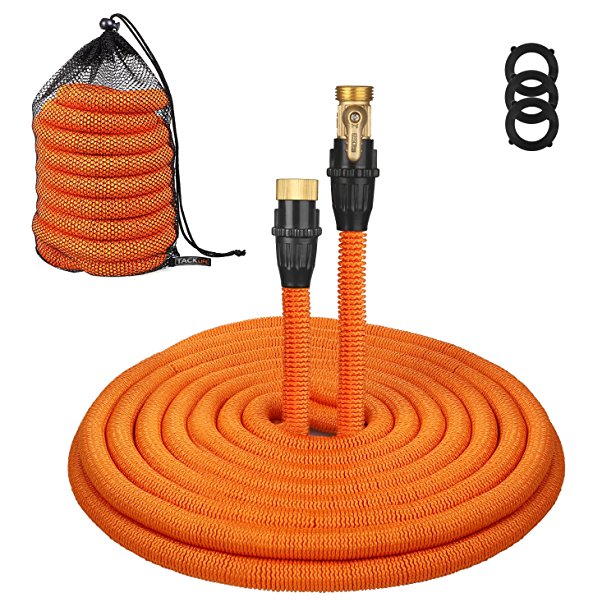 Tacklife 100ft Garden Hose, Innovative 2018 Leakproof Patent Connector Lightweight Expandable Water Hose, Durable Double Latex Core, Solid Brass Fittings, Free Net Bag, 3 Extra Rubber Gaskets - Orange