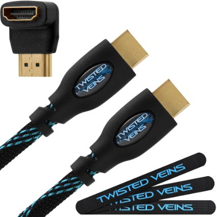 Twisted Veins 15 ft High Speed HDMI Cable  Right Angle Adapter and Velcro Cable Ties Latest Version Supports Ethernet 3D and Audio Return