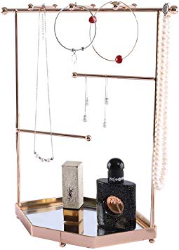 GLOVAL HOME Gold Jewelry Organizer, Gold Jewelry Stand, Decorative Jewelry Holder Display with Glass Tray for Necklaces, Bracelets, Earrings & Rings, Champagne Gold