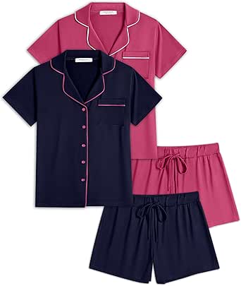 Ekouaer 2 Pack Womens Pajamas Set Button Down Summer Sleepwear Short Sleeve Comfy Pjs Loungewear Set