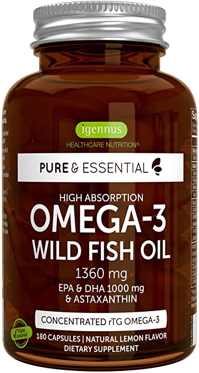 Pure & Essential High Absorption Omega-3 Wild Fish Oil 1360mg, EPA DHA 1000mg & Astaxanthin 1mg, Lemon Flavor, 180 Capsules