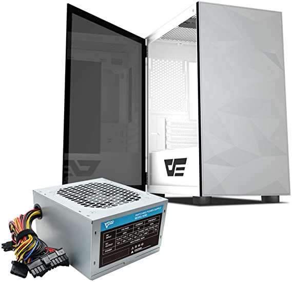 Vetroo darkFlash Micro ATX Mini ITX MicroATX MATX Computer Case with Tempered Glass Door and Vetroo 380 Watt Power Supply Front I/O: 2X USB 2.0, 1X USB 3.0 and Audio in/Out (M21 White)