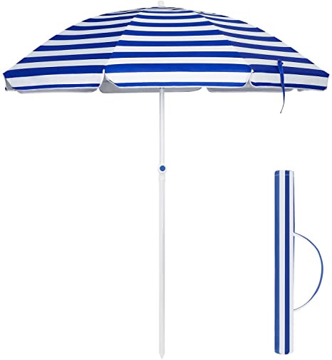SONGMICS 7 ft Patio Umbrella with Fiberglass Ribs, Beach Umbrella, Heavy Duty Outdoor Sports Umbrella, Sun Shade with Tilt Mechanism, Carry Bag Blue and White Stripes UGPU07UW