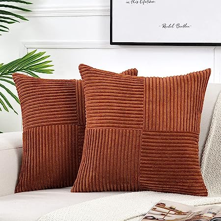 Fancy Homi 2 Packs Rust Boho Decorative Throw Pillow Covers 18x18 Inch for Living Room Couch Bed, Farmhouse Home Decor, Soft Corss Corduroy Patchwork Textured Terracotta Accent Cushion Case 45x45 cm