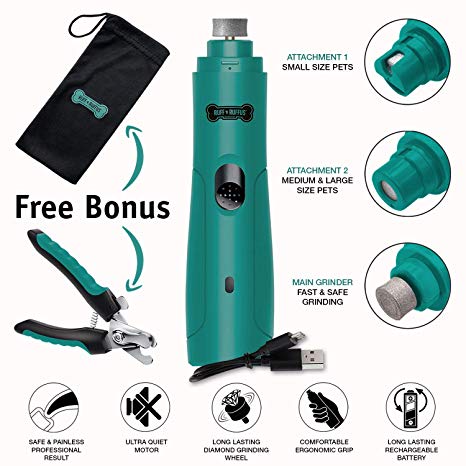 Ruff 'n Ruffus Electric Rechargeable Pet Nail Grinder with Free Nail Clipper | Extra-Quiet Dog Claw Trimmer | Cordless Grinding Machine for Grooming Dog, Cat