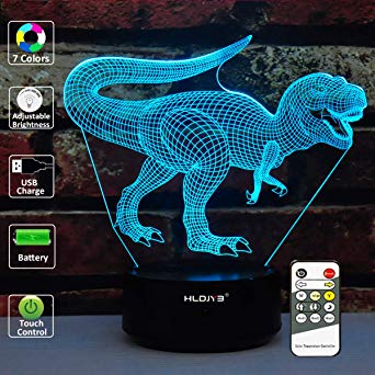 Dinosaur 3D Lamp 3D Night Light for Kids: Optical Illusion LED Table Lamp Touch Button with 7 Color Changing for Christmas Birthday Gift - Remote Control