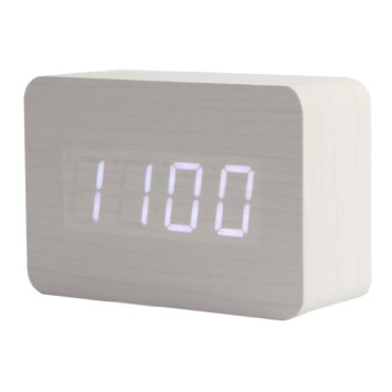Teika Digital LED Wooden Clock Wood Alarm Clock Compact Mini Displaying Time Date Temperature Voice Touch Activated for Desktop Home Office Pack of 1 (White)